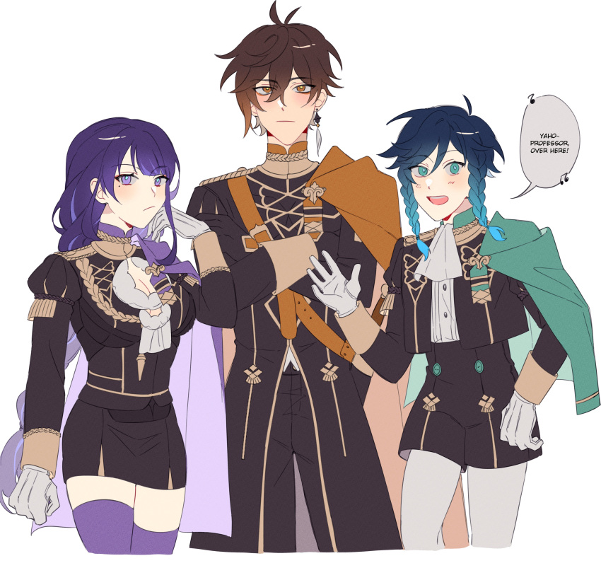 1girl, 2boys, absurdres, bangs, black_hair, blue_hair, braid, braided_ponytail