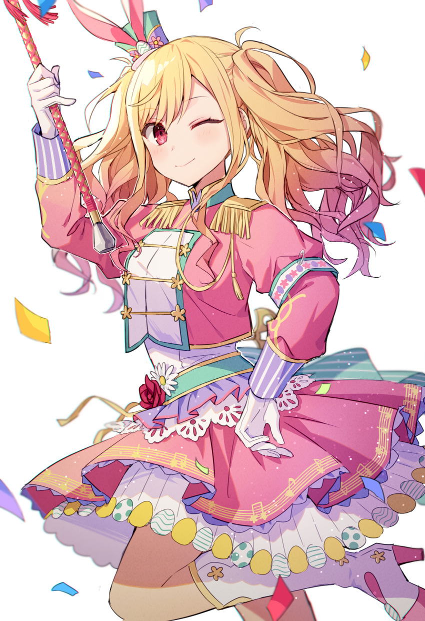 1girl, band_uniform, bangs, blonde_hair, boots, commentary, confetti, easter