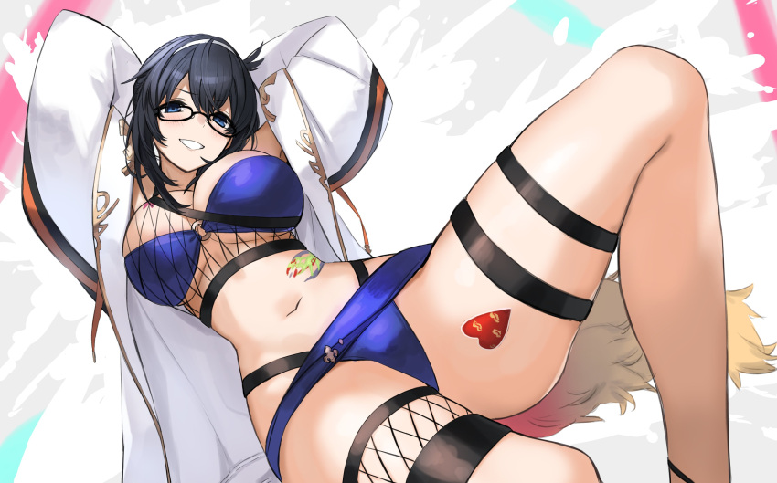 1girl, absurdres, arms_behind_head, bikini, black_hair, blue_bikini, blue_eyes, breasts