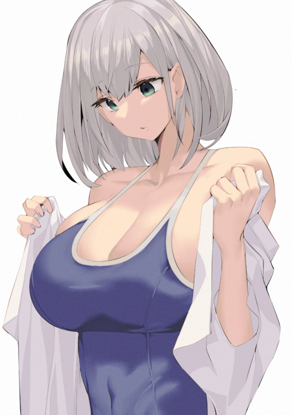 1girl, bangs, bare_shoulders, blue_swimsuit, breasts, cleavage, collarbone, commentary