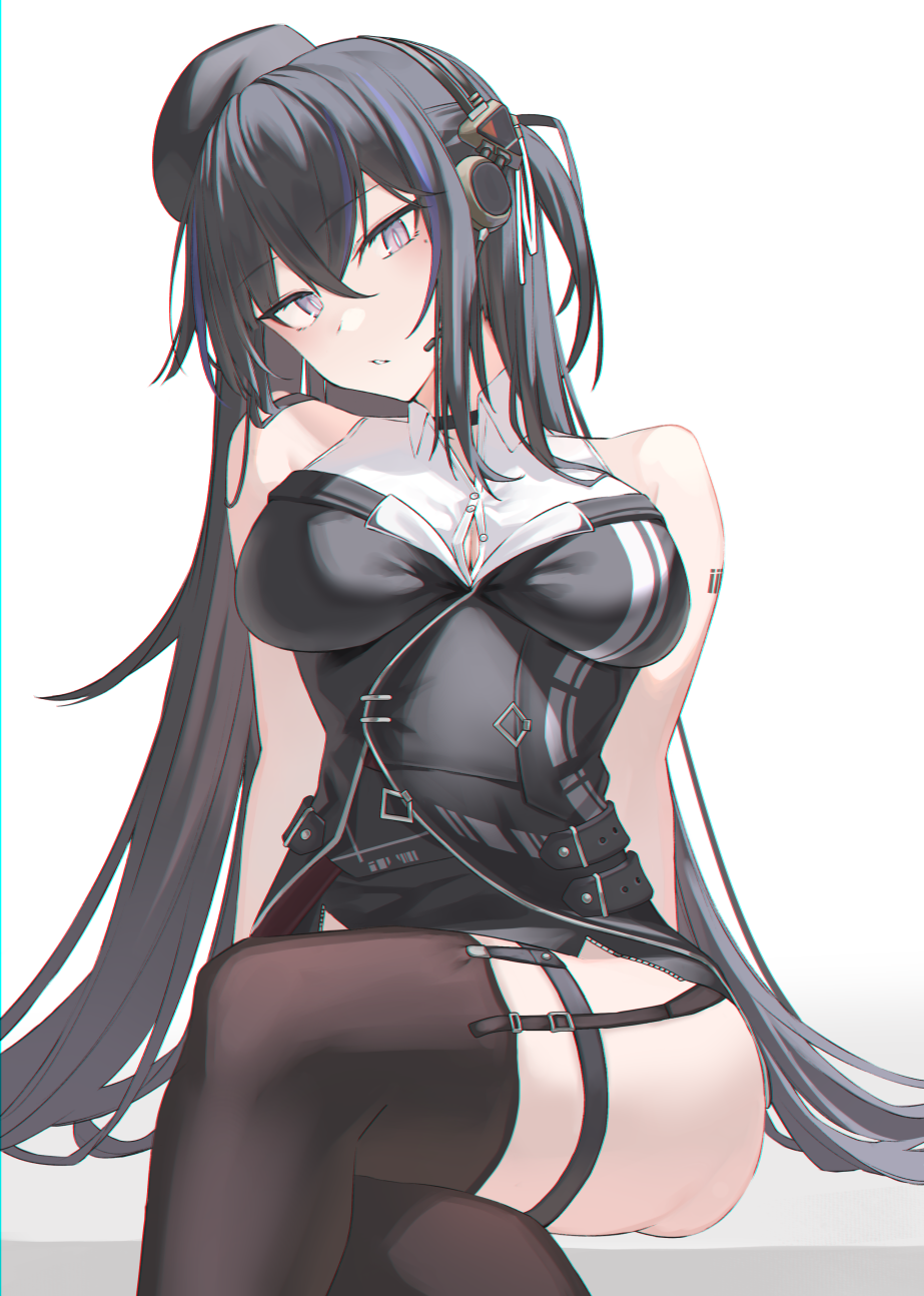 1girl, arm_tattoo, bangs, bare_arms, black_choker, black_dress, black_hair, blue_hair