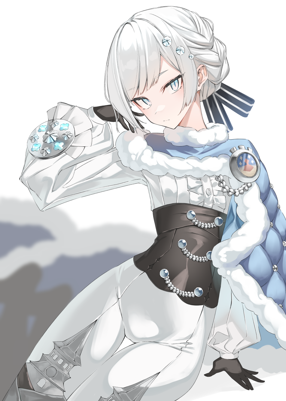 1girl, akershus_fortress_(oshiro_project), black_gloves, blue_cloak, blue_eyes, blurry, blurry_background, cloak
