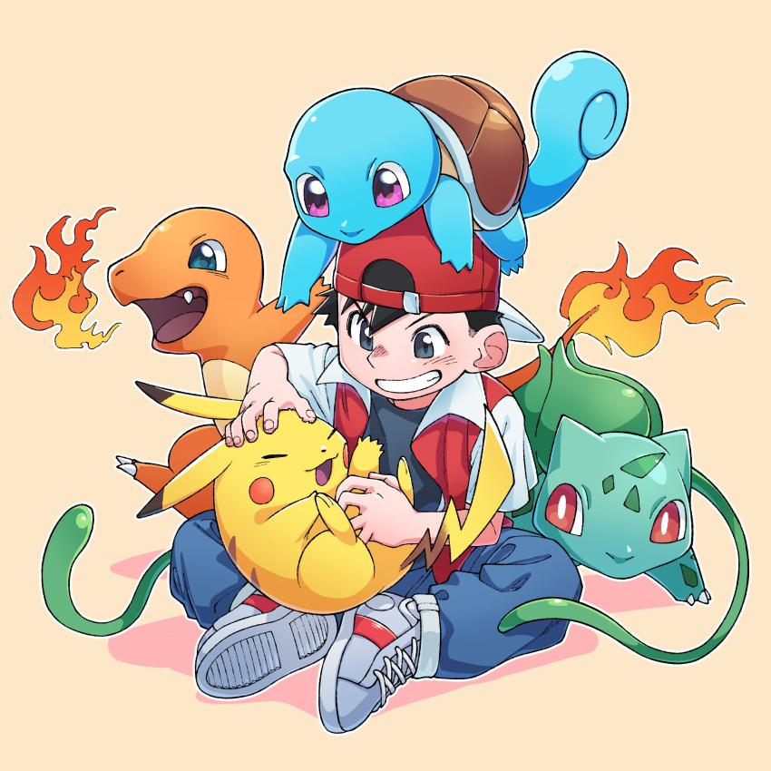 1boy, absurdres, baseball_cap, black_shirt, bulbasaur, charmander, commentary_request, denim, fang, fire, flame-tipped_tail, hands_on_another's_head, hat, highres, jacket, jeans, looking_at_another, male_focus, on_floor, pants, pikachu, pink_background, pokemon, pokemon_(game), red_(pokemon), red_jacket, shell, shirt, shoes, short_hair, short_sleeves, simple_background, sitting, squirtle, starter_pokemon_trio, teeth, tickling, turtle, zumi_mimimi