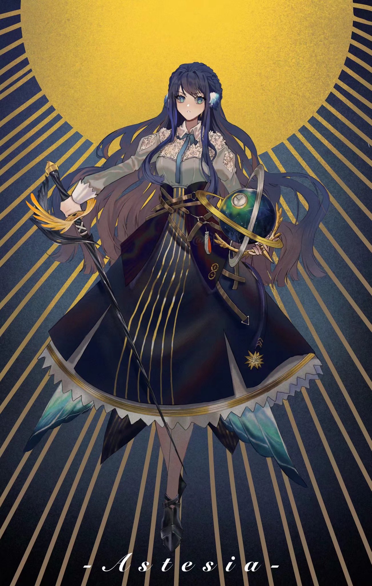 1girl, :o, animal_ears, arknights, astesia_(arknights), bird_ears, blue_bow, blue_eyes, blue_hair, blue_ribbon, blue_skirt, bow, bowtie, bright_pupils, celestial_sphere, clock, frilled_skirt, frills, full_body, furrowed_brow, gold_trim, gradient_hair, highres, holding, holding_sword, holding_weapon, long_hair, multicolored_hair, parted_lips, rhine_lab_logo, ribbon, shirt, skirt, solo, standing, star_(symbol), sword, watermark, weapon, white_pupils, white_shirt, winged_sword, youtao