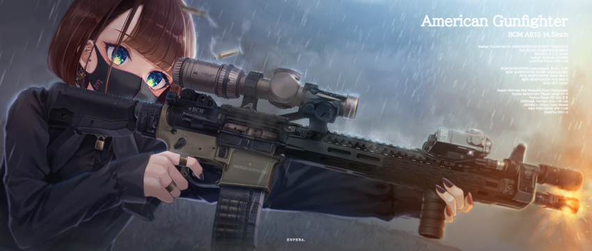 1girl, absurdres, ar-15, artist_name, brown_hair, dutch_angle, enpera_(jdud8375), finger_on_trigger