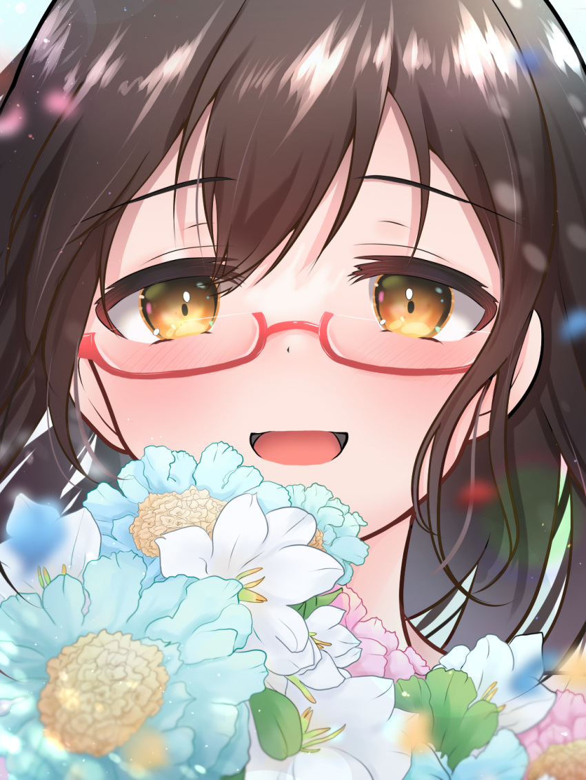 1girl, :d, blurry, blurry_foreground, blush, bokeh, brown_hair, depth_of_field, eyebrows_visible_through_hair, face, flower, highres, hutomashi_take, idolmaster, idolmaster_cinderella_girls, kamijou_haruna, looking_at_viewer, red-framed_eyewear, semi-rimless_eyewear, smile, solo, yellow_eyes