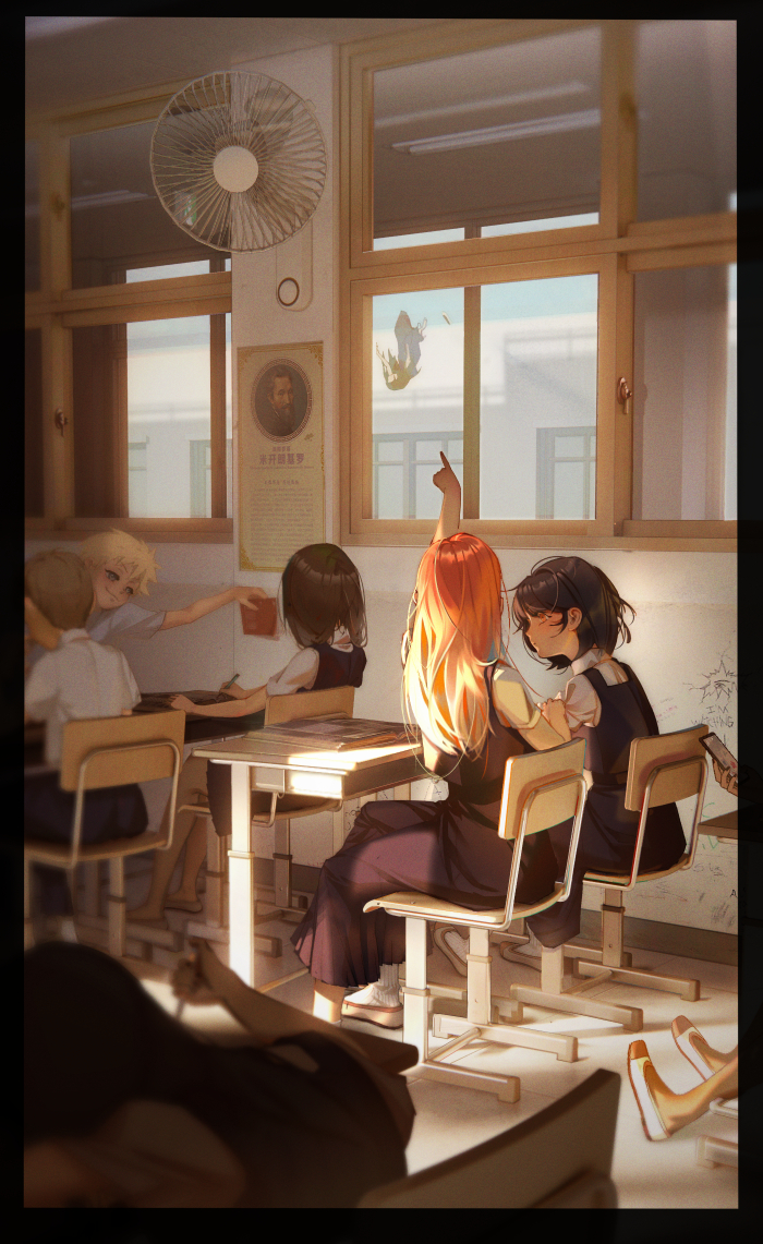 2girls, 5others, ahoge, back_turned, black_dress, black_hair, blonde_hair, blurry