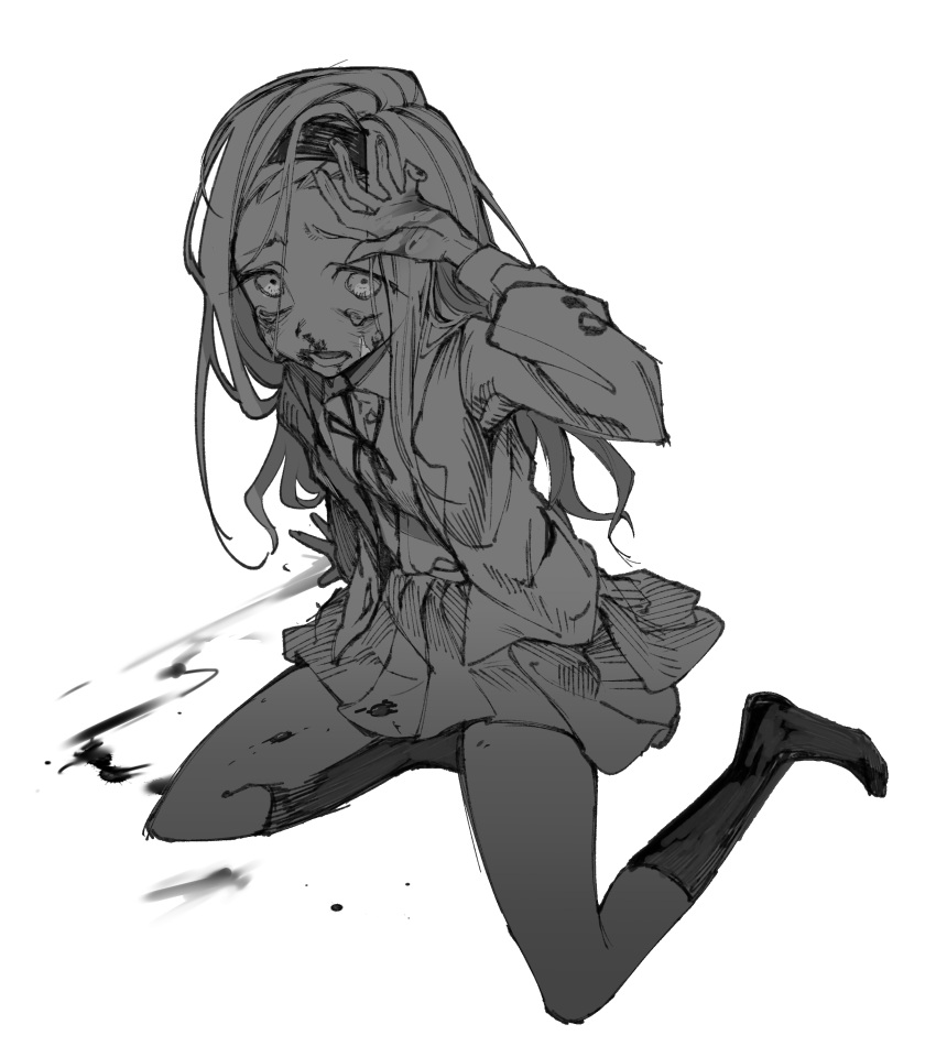 1girl, absurdres, bleeding, blood, blood_stain, bruise, bruise_on_face, collared_shirt, crying, crying_with_eyes_open, full_body, greyscale, hairband, highres, injury, jacket, kirarazaka_marina, kneehighs, long_hair, marimo_shounen, monochrome, neck_ribbon, open_clothes, open_jacket, pleated_skirt, ribbon, scar, scar_on_face, school_uniform, shirt, simple_background, sketch, skirt, solo, takopii_no_genzai, tears