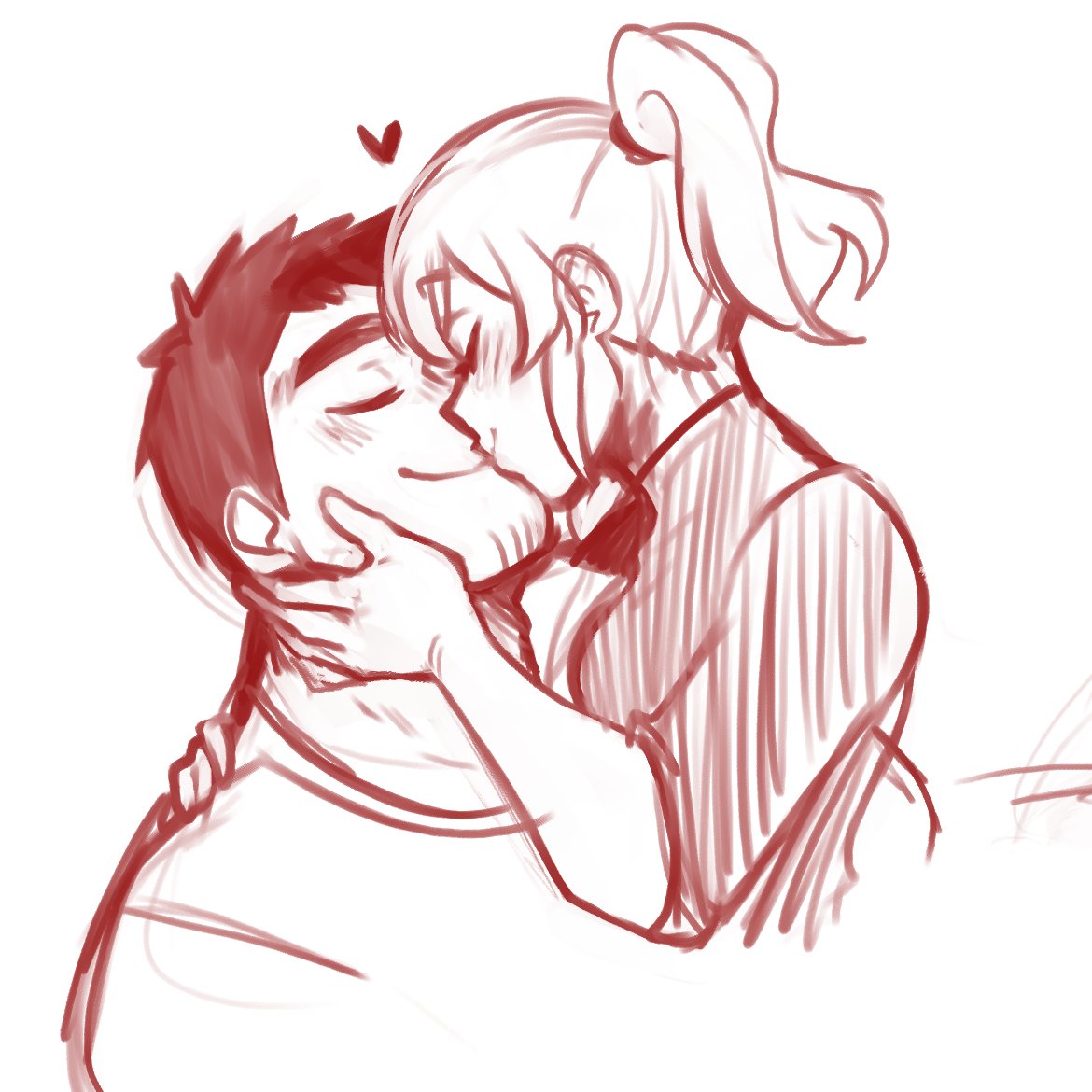 1boy, 1girl, closed_eyes, couple, facial_hair, goatee, green_hair, hand_on_another's_cheek, hand_on_another's_face, heart, igarashi_futaba_(shiromanta), kiss, medium_hair, pan_ccp, petite, ponytail, senpai_ga_uzai_kouhai_no_hanashi, sidelocks, stubble, takeda_harumi_(shiromanta), thick_eyebrows