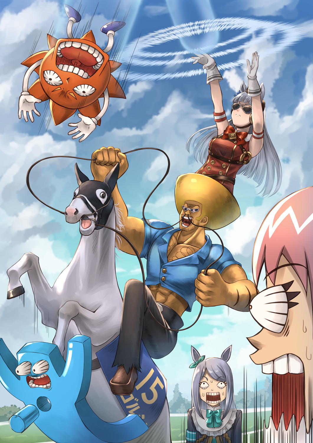 3boys, 3girls, abs, afro, animal_ears, beauty_(bobobo-bo_bo-bobo), blonde_hair, bloodshot_eyes