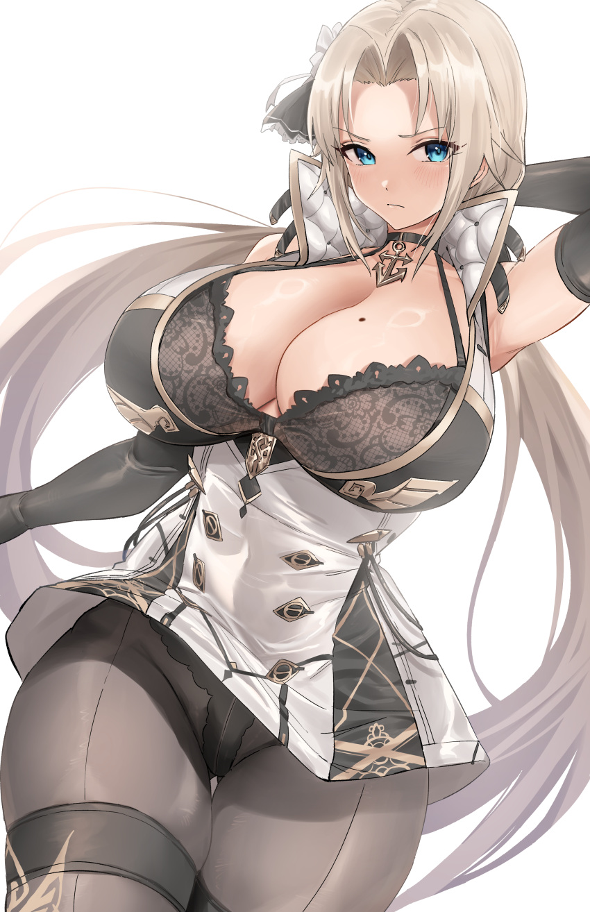 1girl, absurdres, alternate_breast_size, anchor_choker, arm_behind_head, azur_lane, black_bra, black_gloves