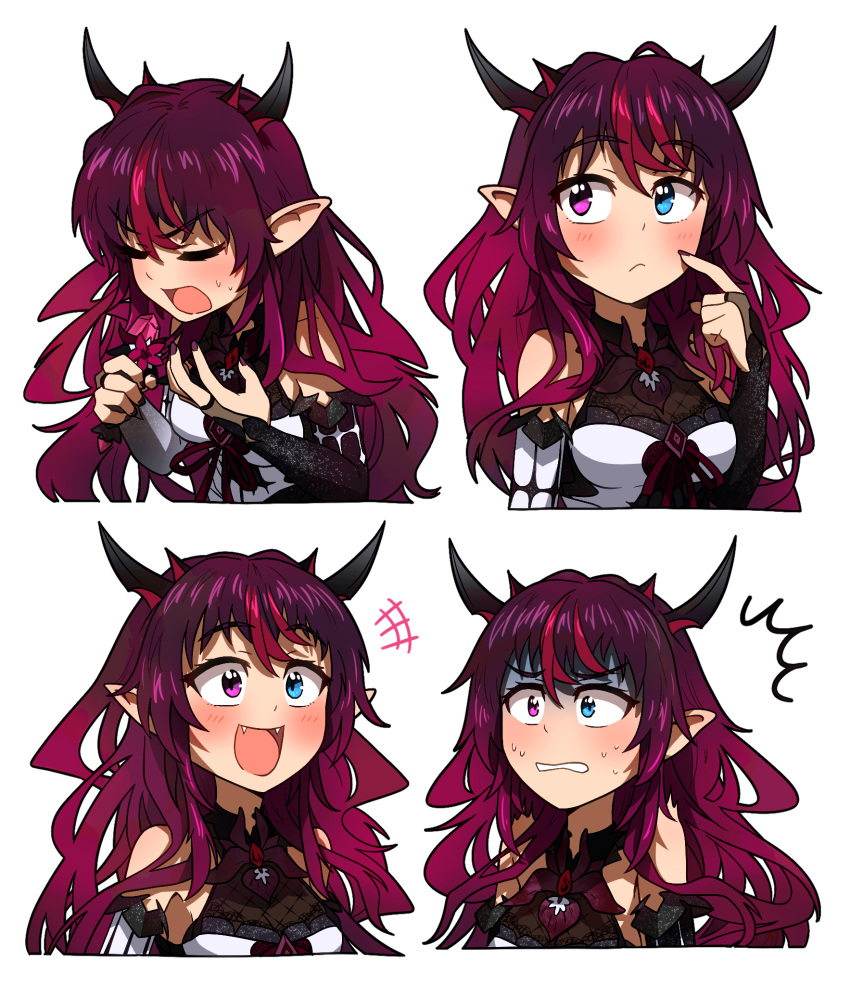 1girl, bangs, blue_eyes, blush, ddolbang, detached_sleeves, fangs, heterochromia