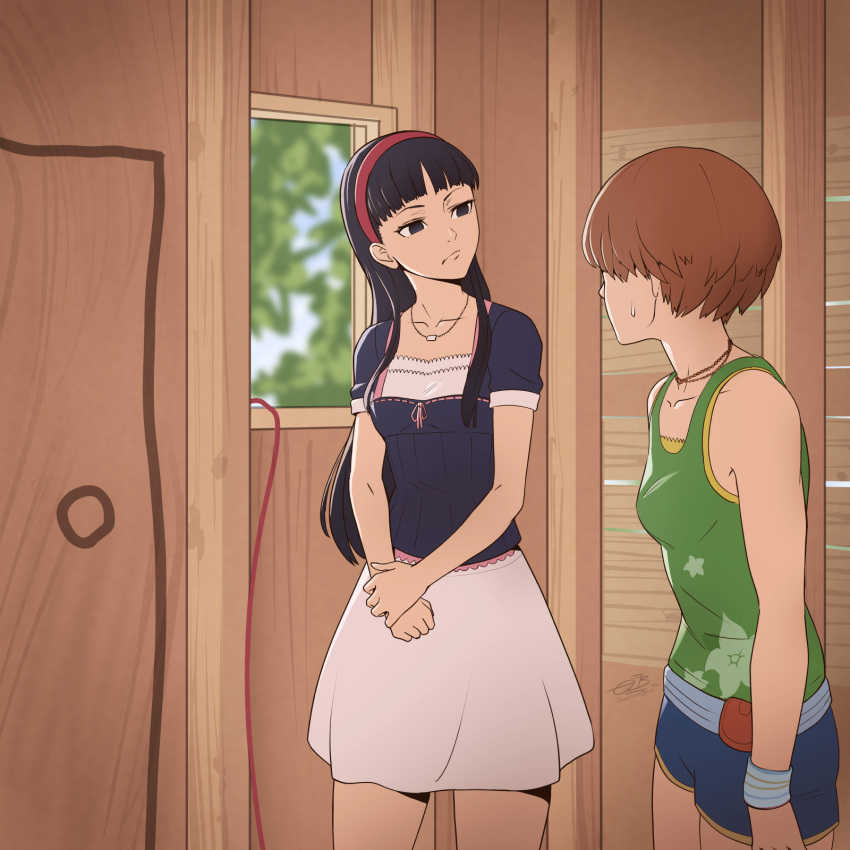 2girls, amagi_yukiko, black_eyes, brown_hair, commentary, drake_&amp;_josh, highres, looking_at_another