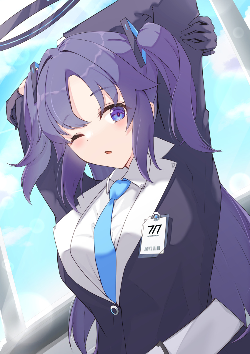 1girl, absurdres, bangs, belt, black_gloves, blue_archive, blue_eyes, blush