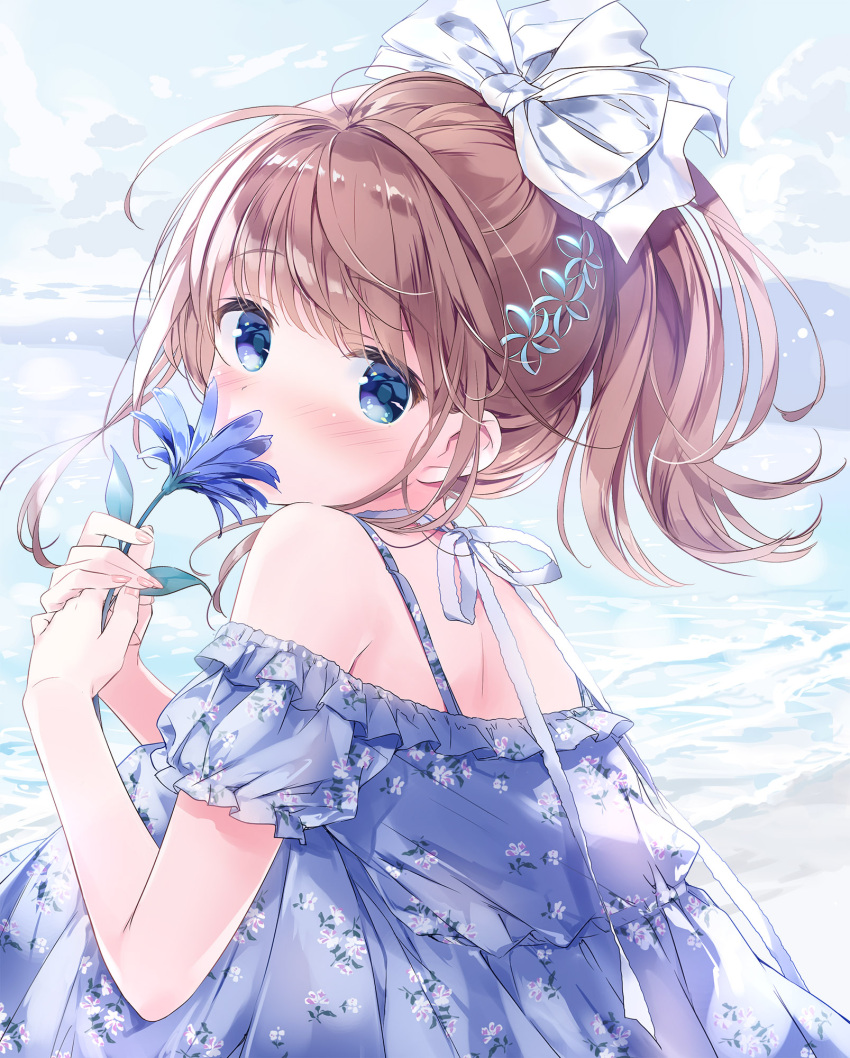 1girl, bangs, blue_dress, blue_eyes, blue_flower, blush, bow, brown_hair