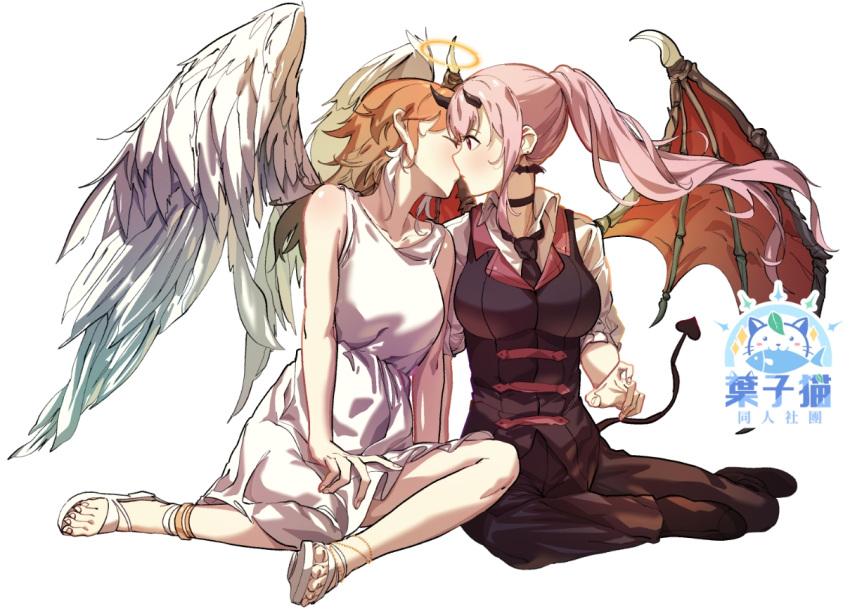 2girls, angel, angel_wings, bangs, barefoot_sandals, bat_earrings, black_choker, black_dress, black_necktie, breasts, chinese_commentary, choker, collaboration, collared_shirt, demon_girl, demon_horns, demon_tail, demon_wings, dress, earrings, hair_behind_ear, halo, hololive, hololive_english, horns, hu_tu, jewelry, kiss, large_breasts, lisa159878, mori_calliope, multiple_girls, necktie, ponytail, red_eyes, shirt, surprised, tail, takanashi_kiara, virtual_youtuber, white_background, white_footwear, wings, yuri