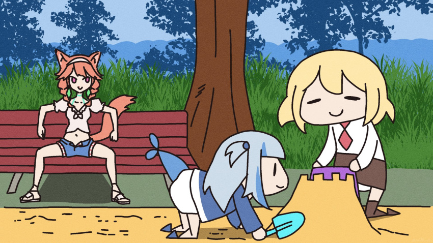 3girls, =_=, bench, bench_tails_(meme), gawr_gura, highres, hololive, hololive_english, meme, multiple_girls, renpc, sand, sand_castle, sand_sculpture, sandbox, sitting, smile, spread_legs, takanashi_kiara, tree, trowel, virtual_youtuber, watson_amelia