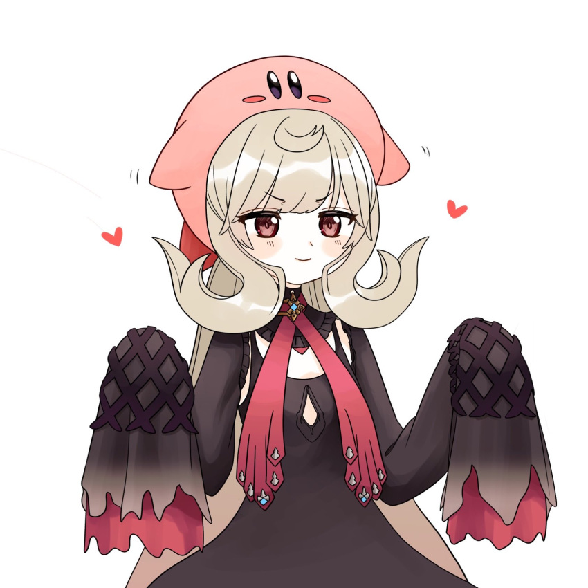 1girl, black_dress, blonde_hair, blush, brown_eyes, dress, eyebrows_visible_through_hair, heart