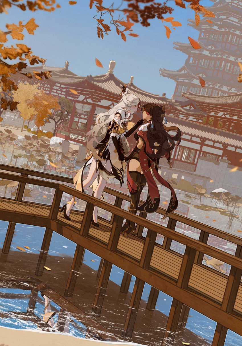 2girls, absurdres, architecture, ass, beidou_(genshin_impact), black_footwear, blue_sky, boots