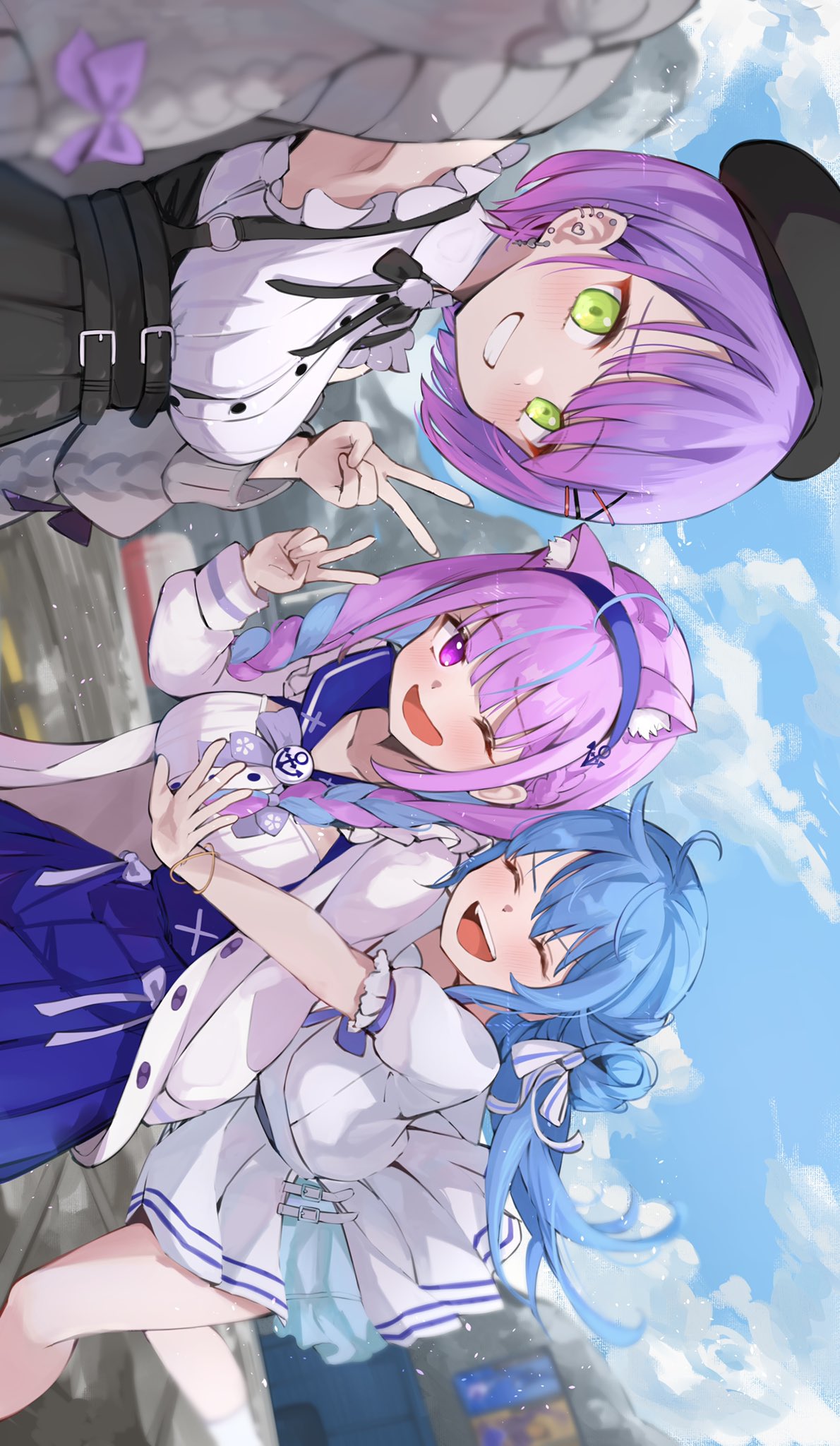 3girls, ^_^, animal_ear_fluff, animal_ears, apex_legends, beret, black_headwear, black_skirt