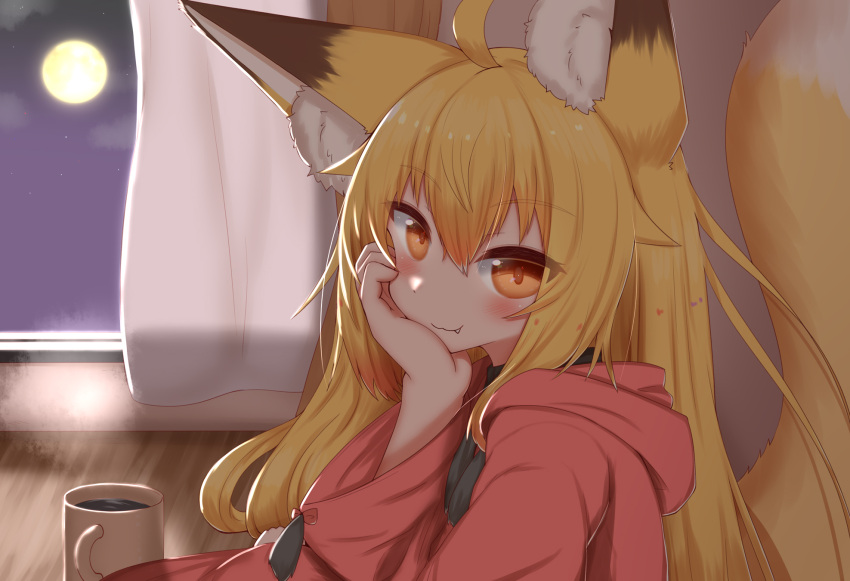 1girl, ahoge, animal_ear_fluff, animal_ears, arm_support, bangs, blonde_hair, blush