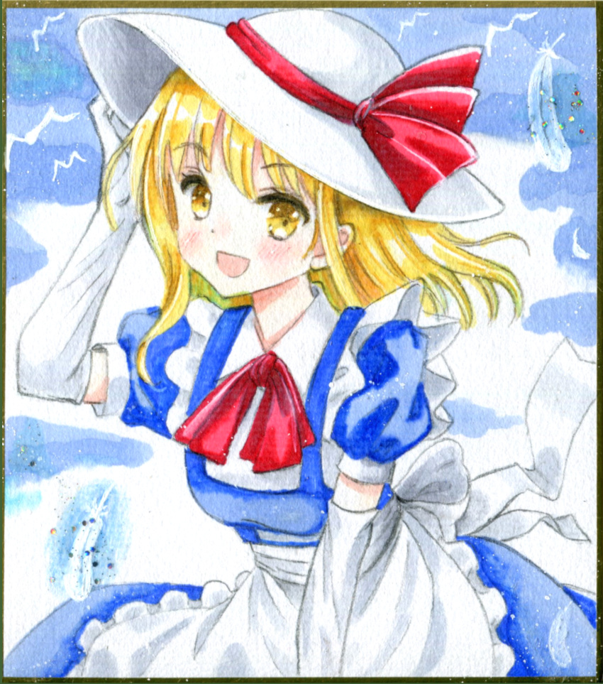 1girl, alternate_hair_length, alternate_hairstyle, apron, back_bow, bird, blonde_hair, blue_dress
