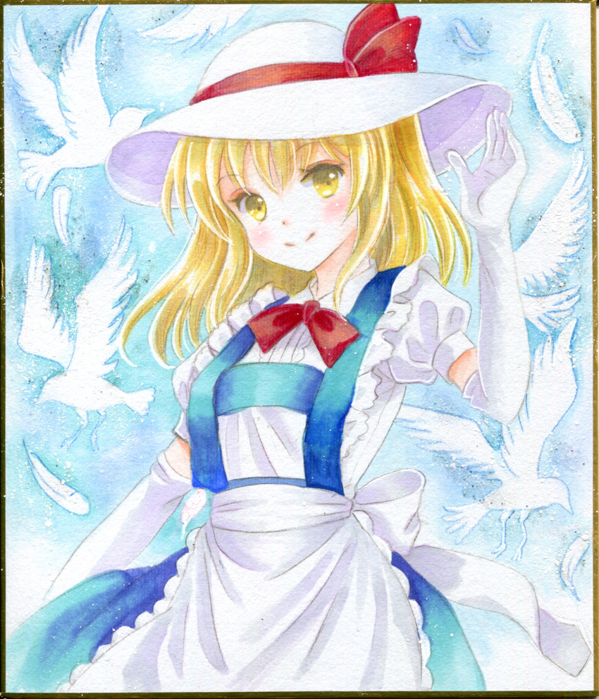 1girl, alternate_hair_length, alternate_hairstyle, apron, back_bow, bird, blonde_hair, blue_skirt