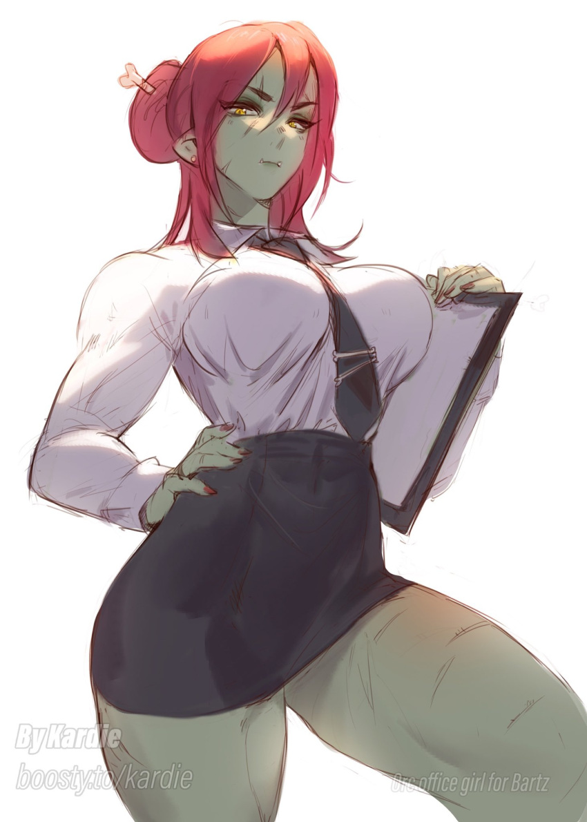 1girl, artist_name, bangs, black_necktie, black_neckwear, black_skirt, bone_hair_ornament, breasts, closed_mouth, colored_skin, curvy, dress_shirt, english_commentary, fangs, fingernails, green_skin, hair_between_eyes, hair_bun, hair_ornament, hairpin, hand_on_hip, high-waist_skirt, highres, kardie, large_breasts, looking_at_viewer, necktie, office_lady, orc, original, red_nails, redhead, serious, shirt, simple_background, skirt, solo, thighs, web_address, white_background