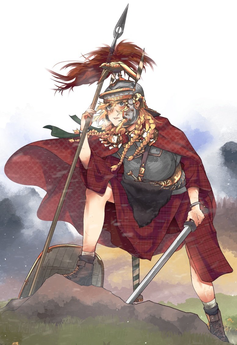 1girl, armor, bandaged_leg, bandages, bitchcraft123, blonde_hair, braid, braided_bangs, cape, celtic_knot, chainmail, gladius, helmet, legionnaire, original, polearm, rock, roman_clothes, roman_empire, shield, shoes, solo, spear, weapon