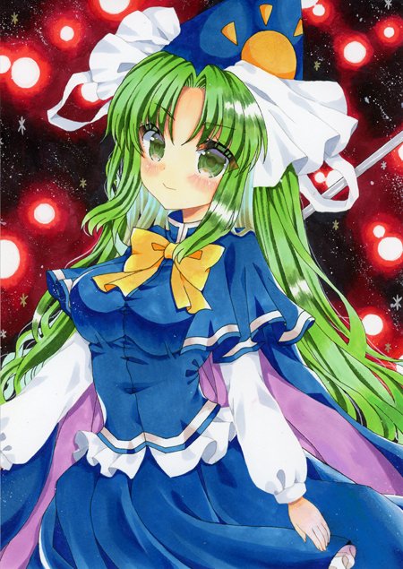 1girl, bangs, blue_cape, blue_capelet, blue_headwear, blue_skirt, blue_vest, blush