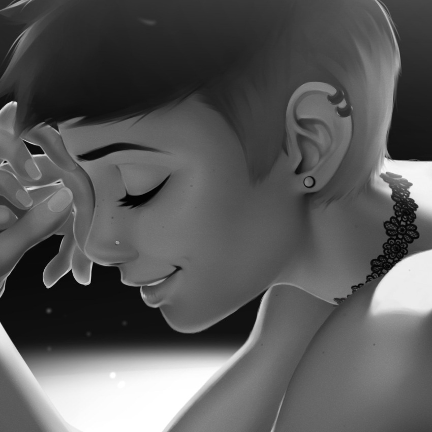 1girl, choker, close-up, closed_eyes, dimple, ear_piercing, earrings, english_commentary