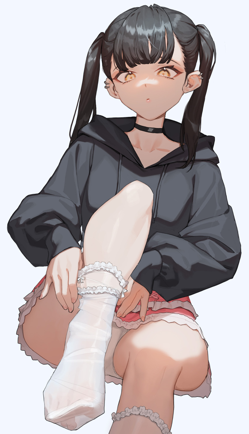 1girl, bangs, black_hair, choker, ear_piercing, highres, hood, hoodie