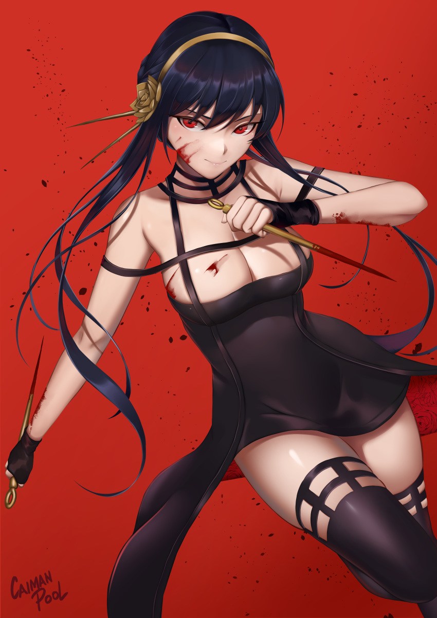 1girl, absurdres, black_dress, black_gloves, black_hair, black_legwear, blood, blood_on_face, caiman_pool, dagger, dress, dual_wielding, fingerless_gloves, gloves, hairband, highres, holding, holding_dagger, holding_weapon, knife, long_hair, red_background, red_eyes, solo, spy_x_family, thigh-highs, weapon, yellow_hairband, yor_briar