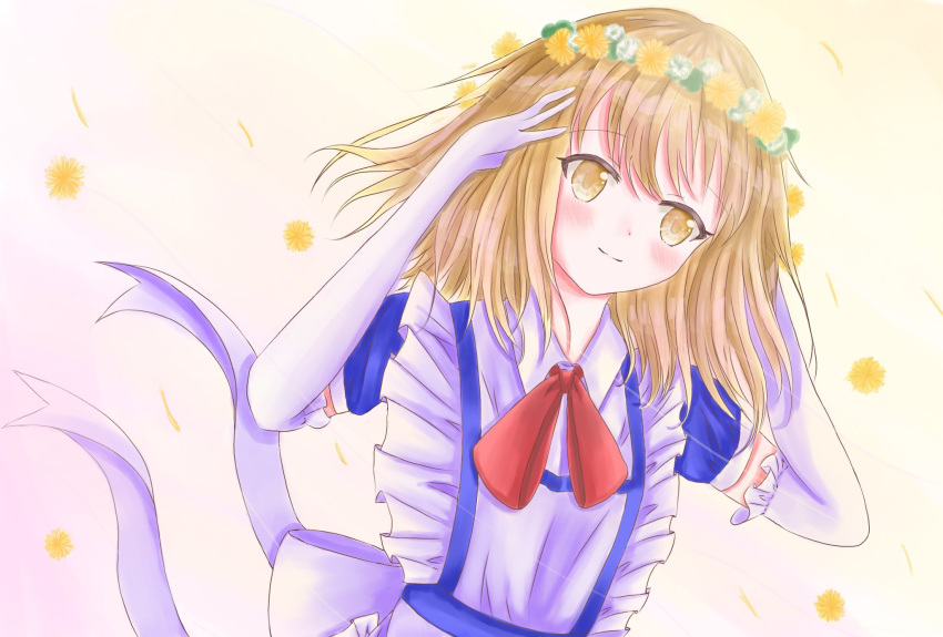 1girl, apron, back_bow, blonde_hair, blue_dress, bow, dress, elbow_gloves