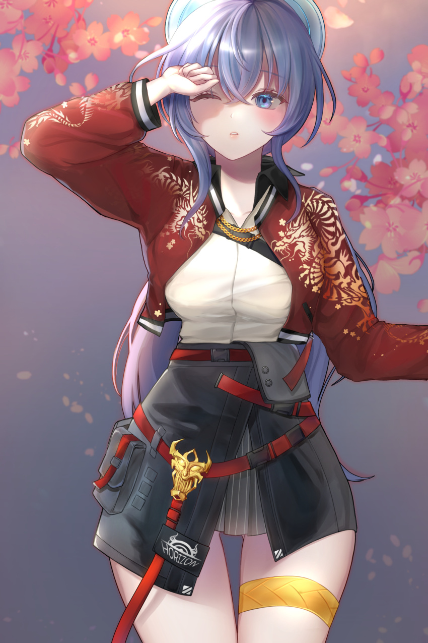 1girl, absurdres, arm_up, ass_visible_through_thighs, bangs, belt, beltskirt, blue_eyes