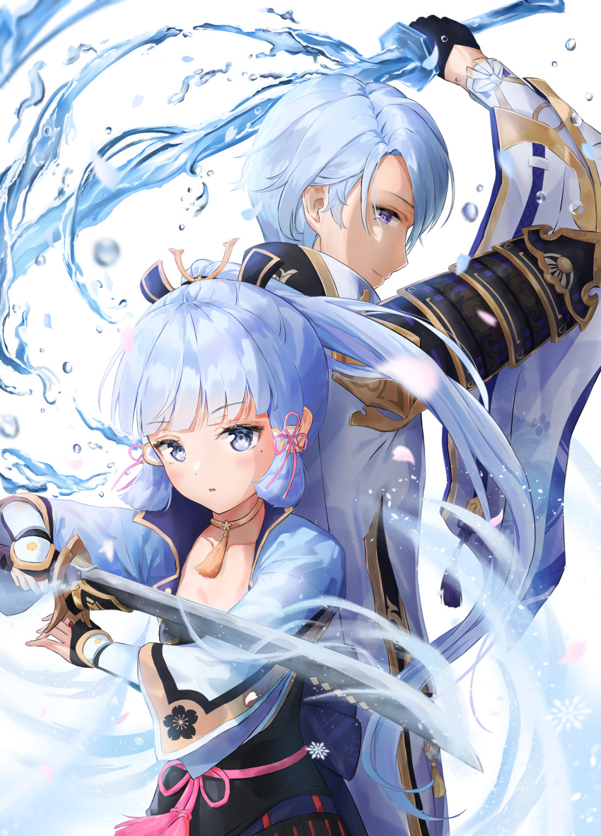 1boy, 1girl, absurdres, armor, armored_dress, bangs, black_gloves, blue_capelet