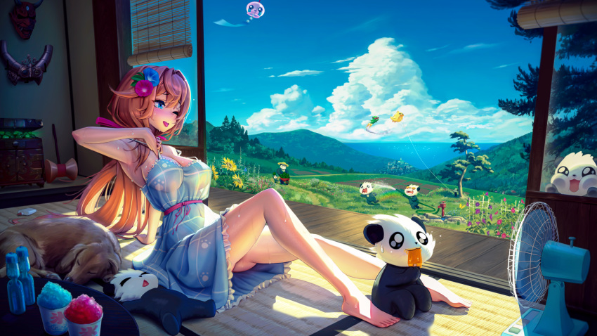 1girl, adjusting_strap, against_glass, arm_up, armpits, ass, barefoot, blue_eyes