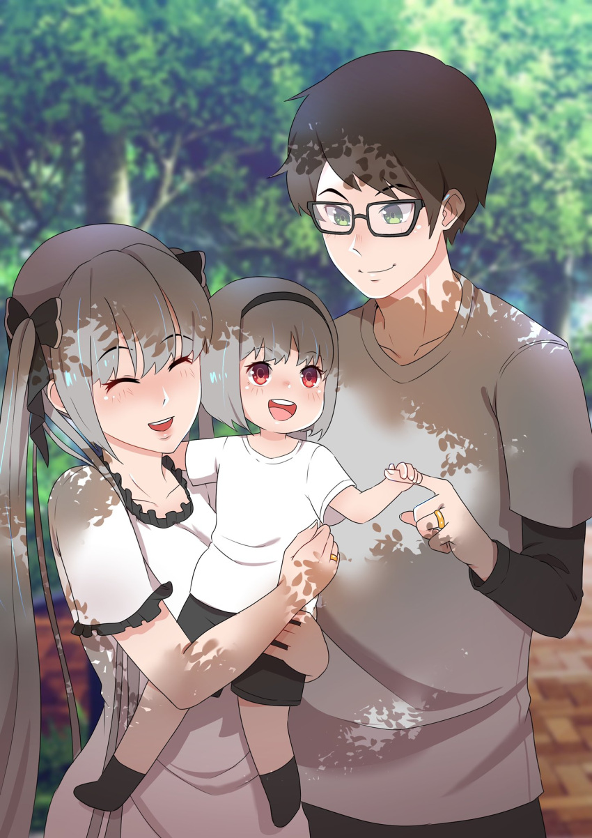 1boy, 2girls, age_difference, alternate_costume, azur_lane, baby_carry, bad_feet, black_hair, black_pants, black_ribbon, brown_hair, carrying, commander_cool, commentary, formidable_(azur_lane), glasses, gold, green_eyes, grey_hair, grey_shirt, hair_over_shoulder, hair_ribbon, highres, husband_and_wife, jewelry, long_hair, long_sleeves, medium_hair, mother_and_daughter, multiple_girls, pants, red_eyes, ribbon, ring, shirt, short_hair, short_sleeves, sidelocks, tree, twintails, very_long_hair, wedding_band, white_shirt