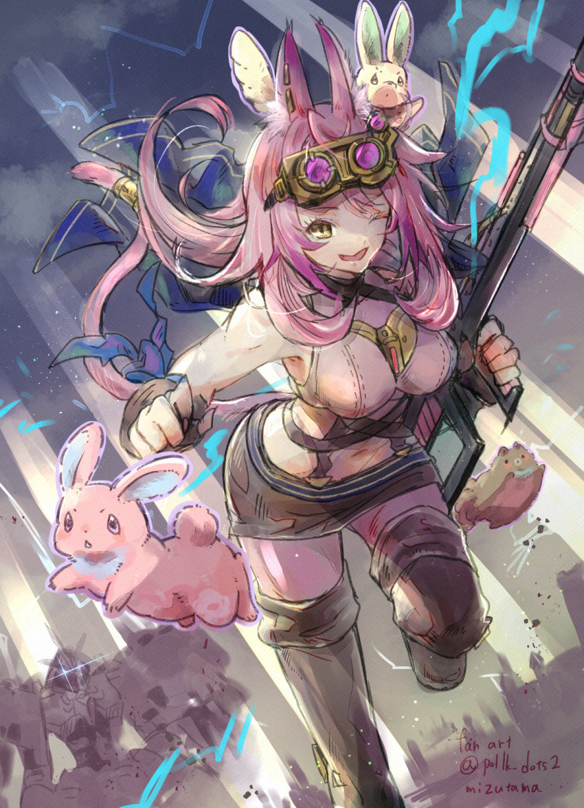 1girl, animal_ears, boots, breasts, divine_arsenal_aa-zeus_-_sky_thunder, duel_monster, goggles, goggles_on_head