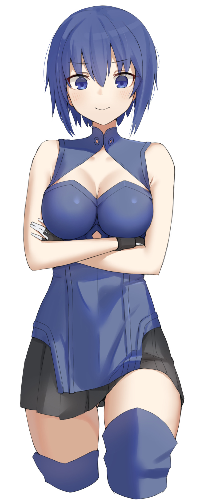 1girl, absurdres, bangs, black_skirt, blue_eyes, blue_hair, blush, breasts, ciel_(tsukihime), highres, kopaka_(karda_nui), large_breasts, looking_at_viewer, powerd_ciel, short_hair, skirt, solo, tsukihime