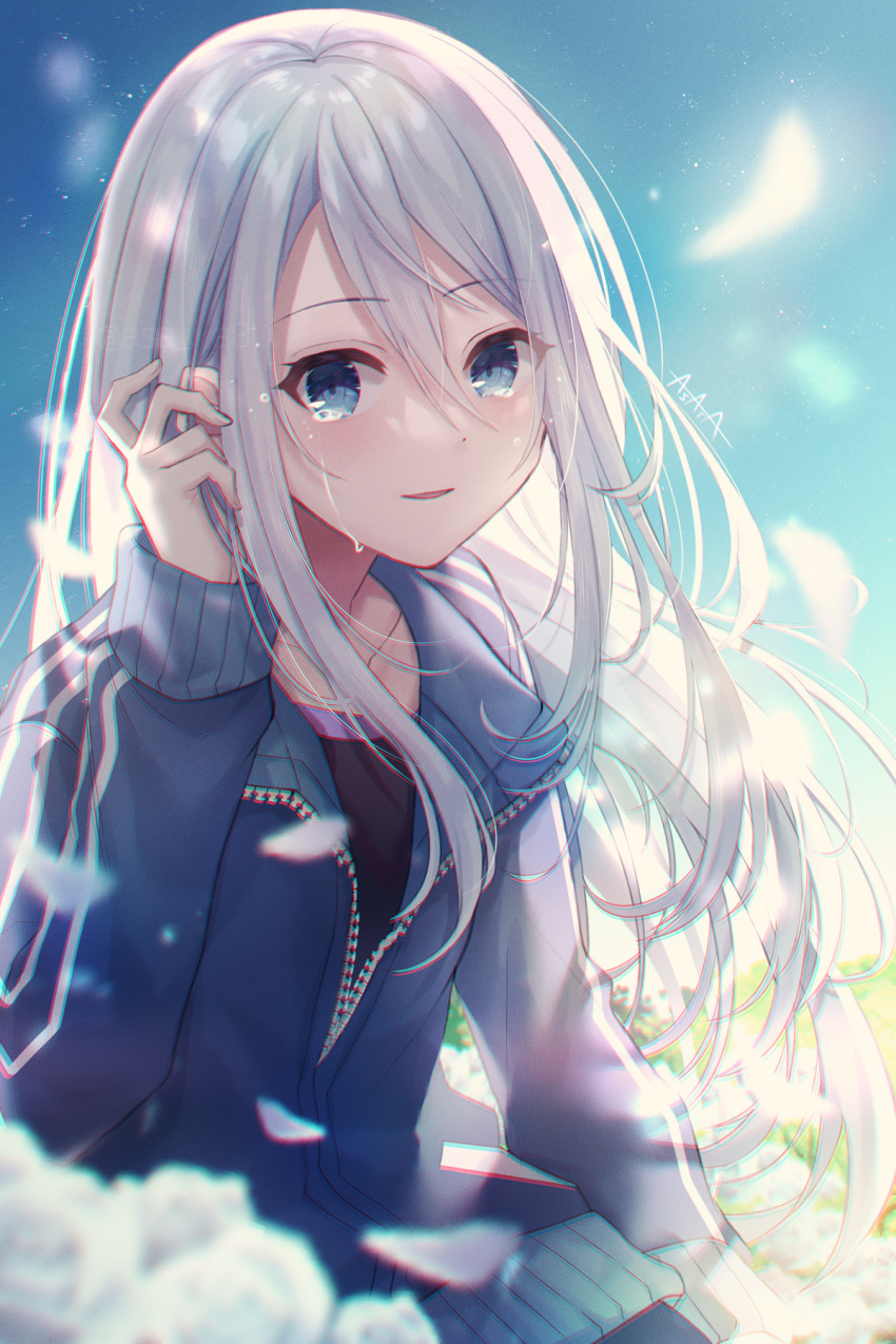 1girl, asaya-bigun, bangs, black_shirt, blue_eyes, blue_jacket, collarbone, crying