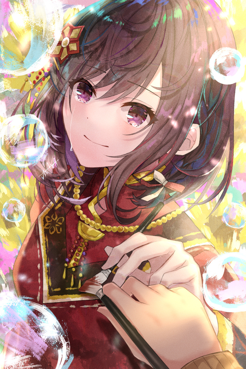 1girl, asaya-bigun, bangs, brown_eyes, brown_hair, bubble, closed_mouth, crying