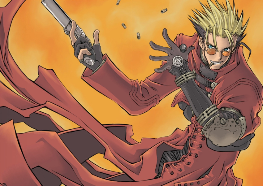 1boy, blonde_hair, cloak, gun, naitou_yasuhiro, non-web_source, official_art, red_cloak