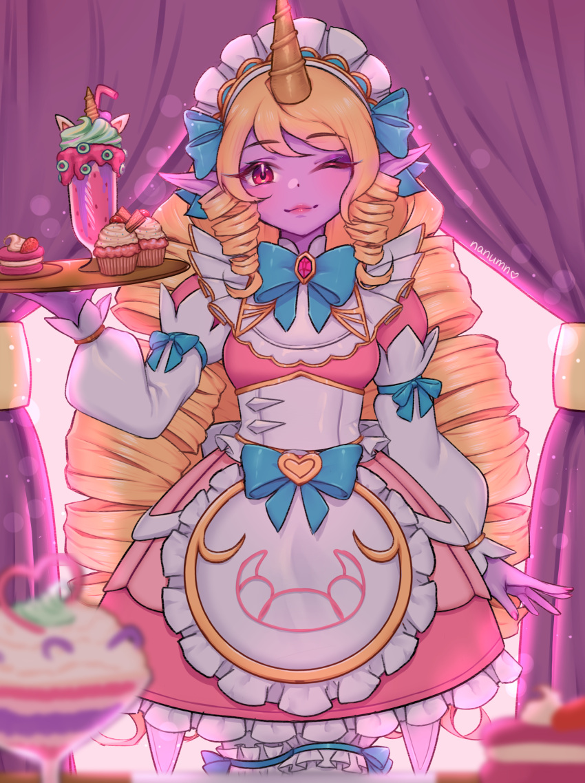 1girl, absurdres, apron, artist_name, bangs, blonde_hair, bow, bowtie