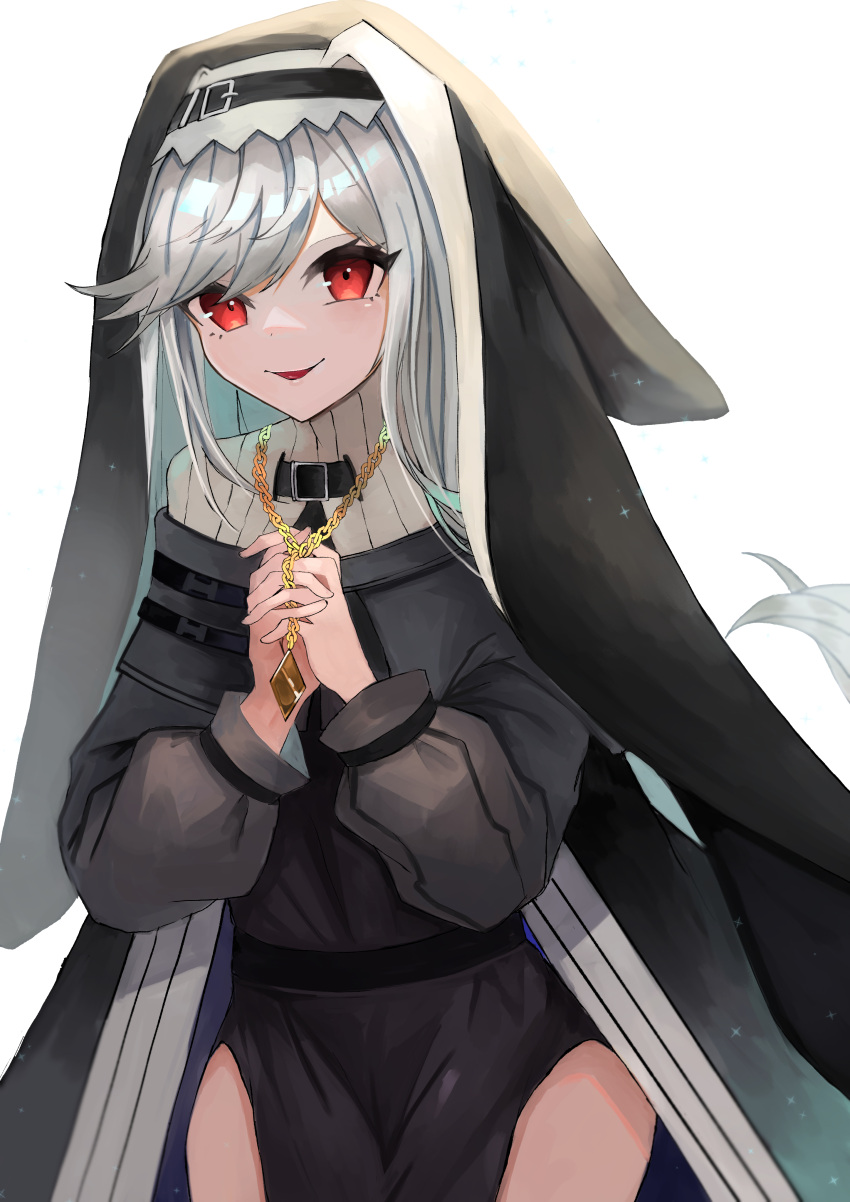 1girl, absurdres, arknights, bangs, belt, belt_buckle, black_dress, black_legwear, buckle, cowboy_shot, dress, eyebrows_visible_through_hair, habit, haru_torimaru, highres, jewelry, long_sleeves, looking_at_viewer, necklace, nun, own_hands_clasped, own_hands_together, parted_lips, pelvic_curtain, red_eyes, silver_hair, simple_background, smile, solo, specter_(arknights), striped, symbol-only_commentary, thigh-highs, vertical_stripes, white_background