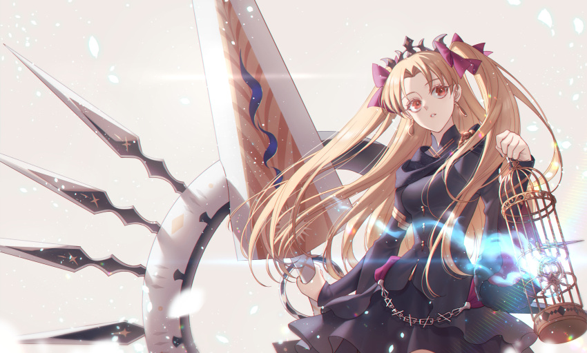 1girl, absurdres, bangs, birdcage, black_dress, blonde_hair, bow, cage, commentary, cowboy_shot, crown, dress, earrings, ereshkigal_(fate), fate/grand_order, fate_(series), gold_trim, hair_bow, highres, holding, holding_cage, holding_weapon, jewelry, lens_flare, light_particles, lin_(sm1621821), long_hair, long_sleeves, looking_to_the_side, meslamtaea_(weapon), parted_bangs, parted_lips, red_bow, red_eyes, solo, two_side_up, weapon