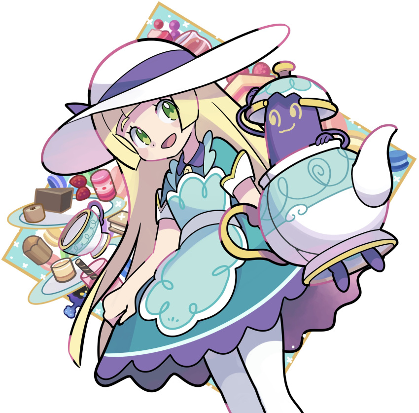 1girl, :d, absurdres, bangs, blonde_hair, blush_stickers, commentary_request, cup, dress, eyelashes, food, green_dress, green_eyes, hat, highres, lillie_(pokemon), long_hair, official_alternate_costume, open_mouth, pantyhose, pokemon, pokemon_(creature), pokemon_(game), pokemon_masters_ex, polteageist, saucer, short_sleeves, smile, sutokame, teacup, tongue, white_headwear, white_legwear