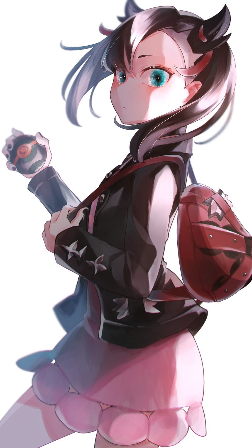 1girl, asymmetrical_bangs, backpack, bag, bangs, black_hair, black_jacket, black_nails