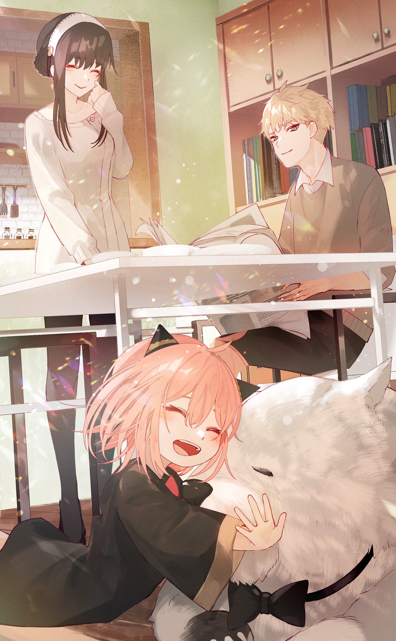 00kashian00, 1boy, 2girls, ^_^, ^o^, animal, anya_(spy_x_family), bangs