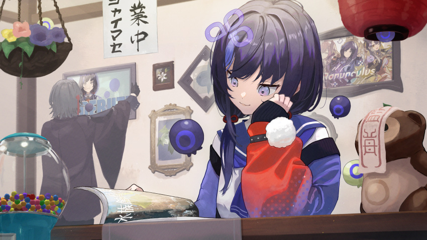 1boy, 1girl, :3, amagase_muyu, bangs, black_hair, blue_hair, blue_jacket